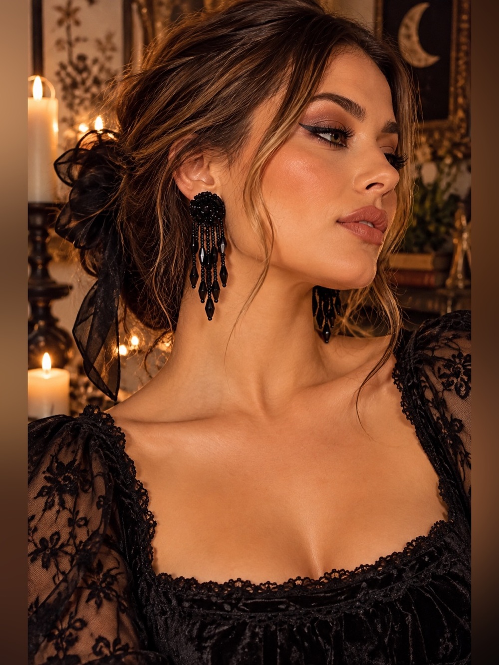 Free People Stella Black Beaded Fringe Dangle Earrings